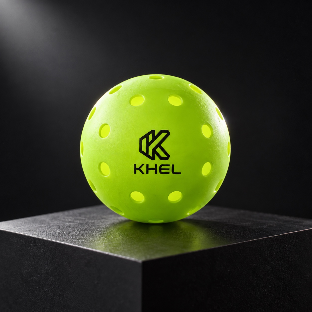Light green Khel 48-hole pickleball on a dark studio plinth