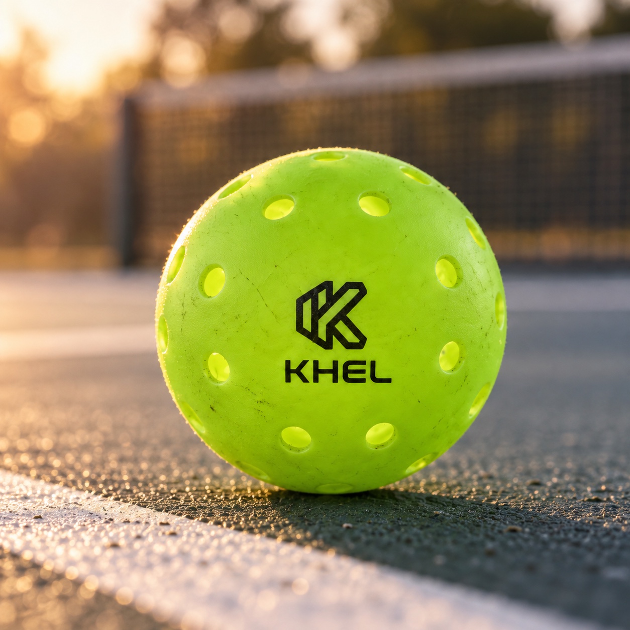 Light green Khel 48 pickleball on the court at golden hour